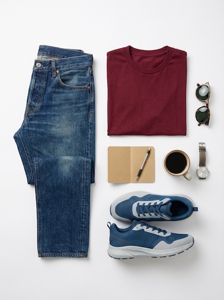 Flat-Lay-Arrangement eines kompletten Outfits von oben fotografiert