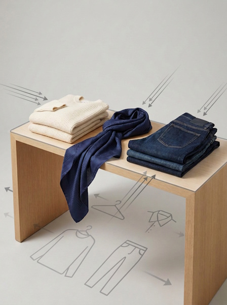 Kleidungsstücke als Flat Lay auf einem fotografierten Möbelstück arrangiert